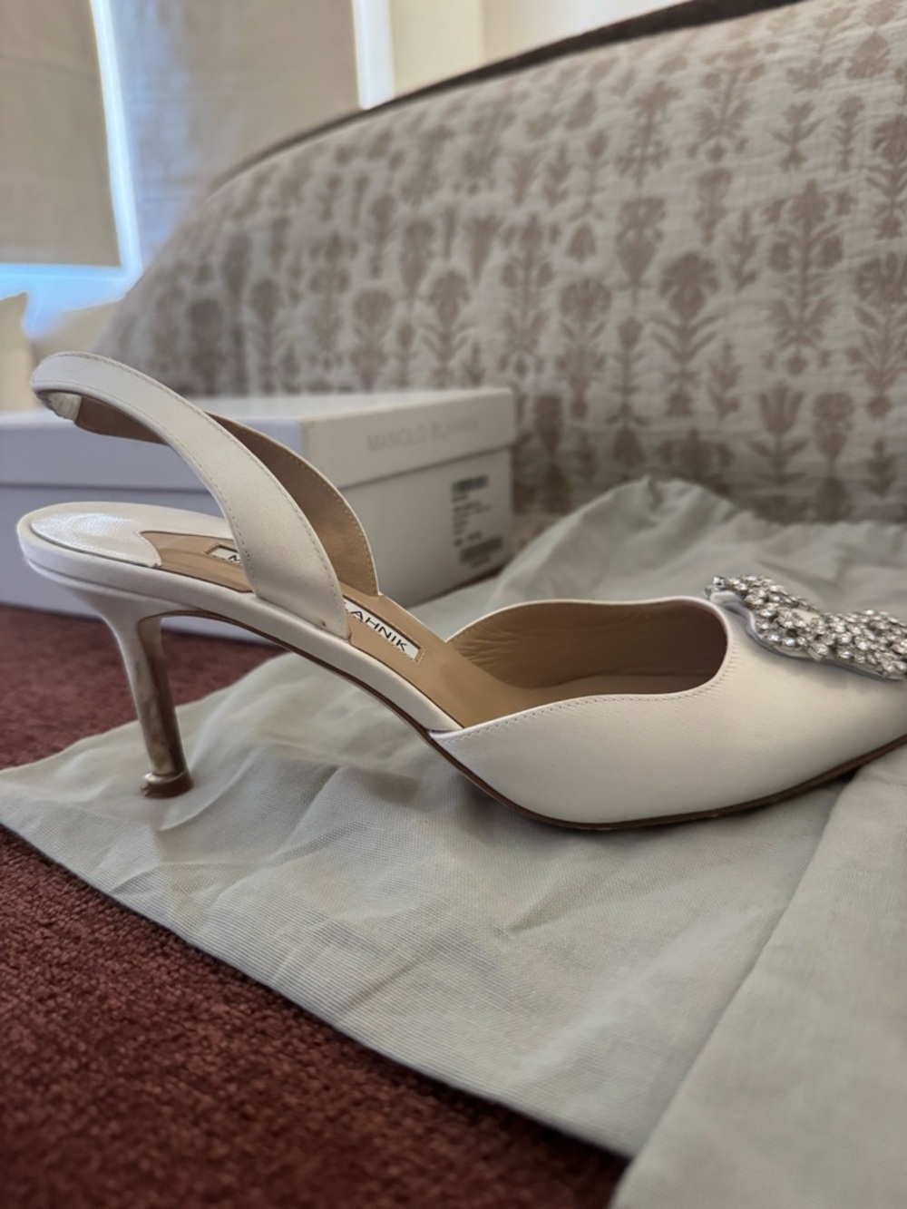 Manolo Blahnik White Satin Crystal-Embellished Slingback Pumps - Picture 8 of 13